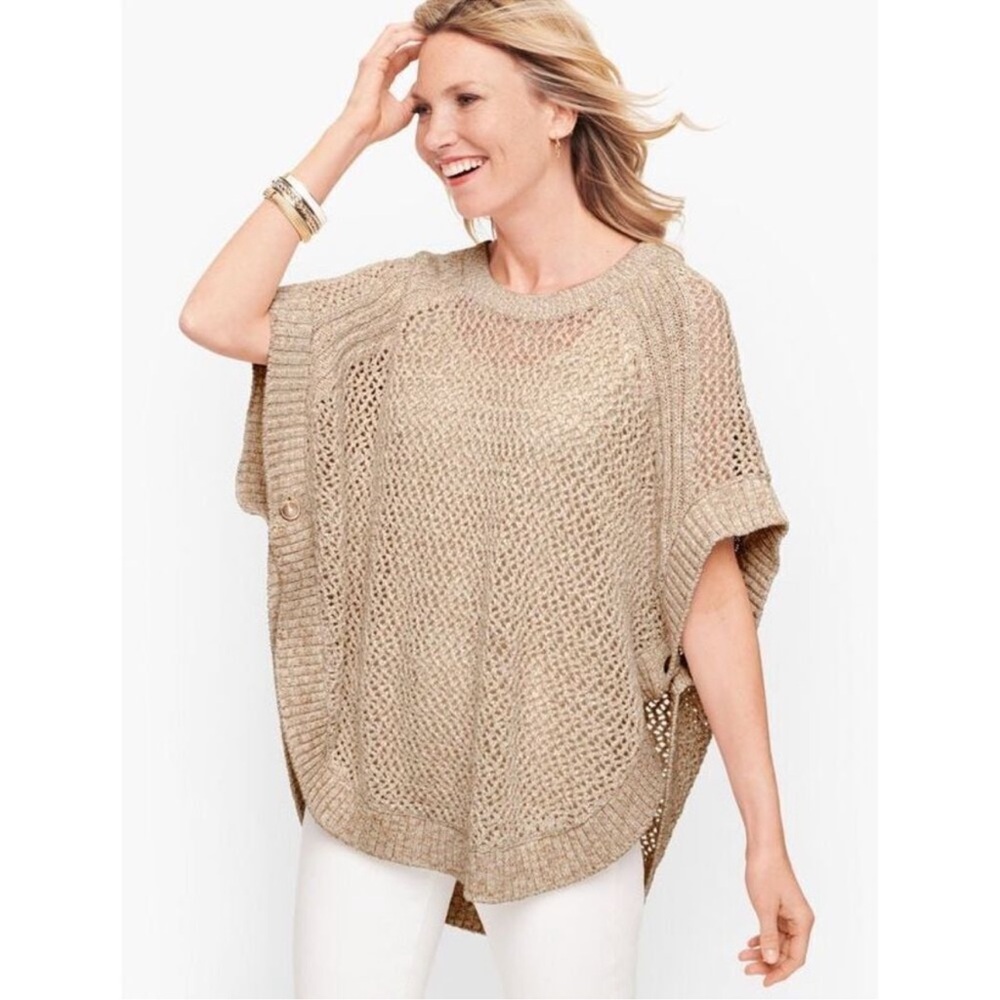 Talbots Open Stitch Poncho Sweater Marled Cotton Blend Tunic Dolman Sleeve M